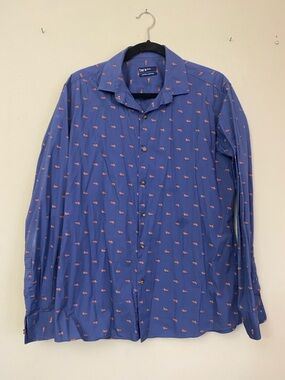 Bar III Navy Blue Button-Up Shirt with Tiny Fox Pattern